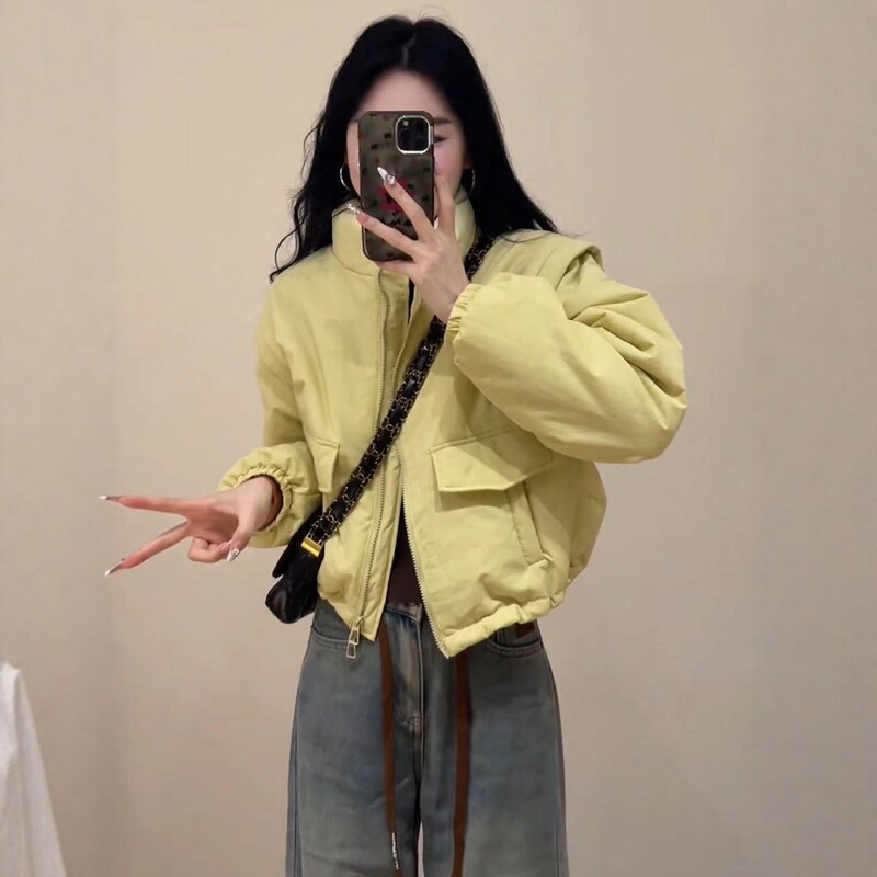 韩系立领加厚糖果色棉衣女2025秋冬新款短款时尚口袋抽绳棉服外套