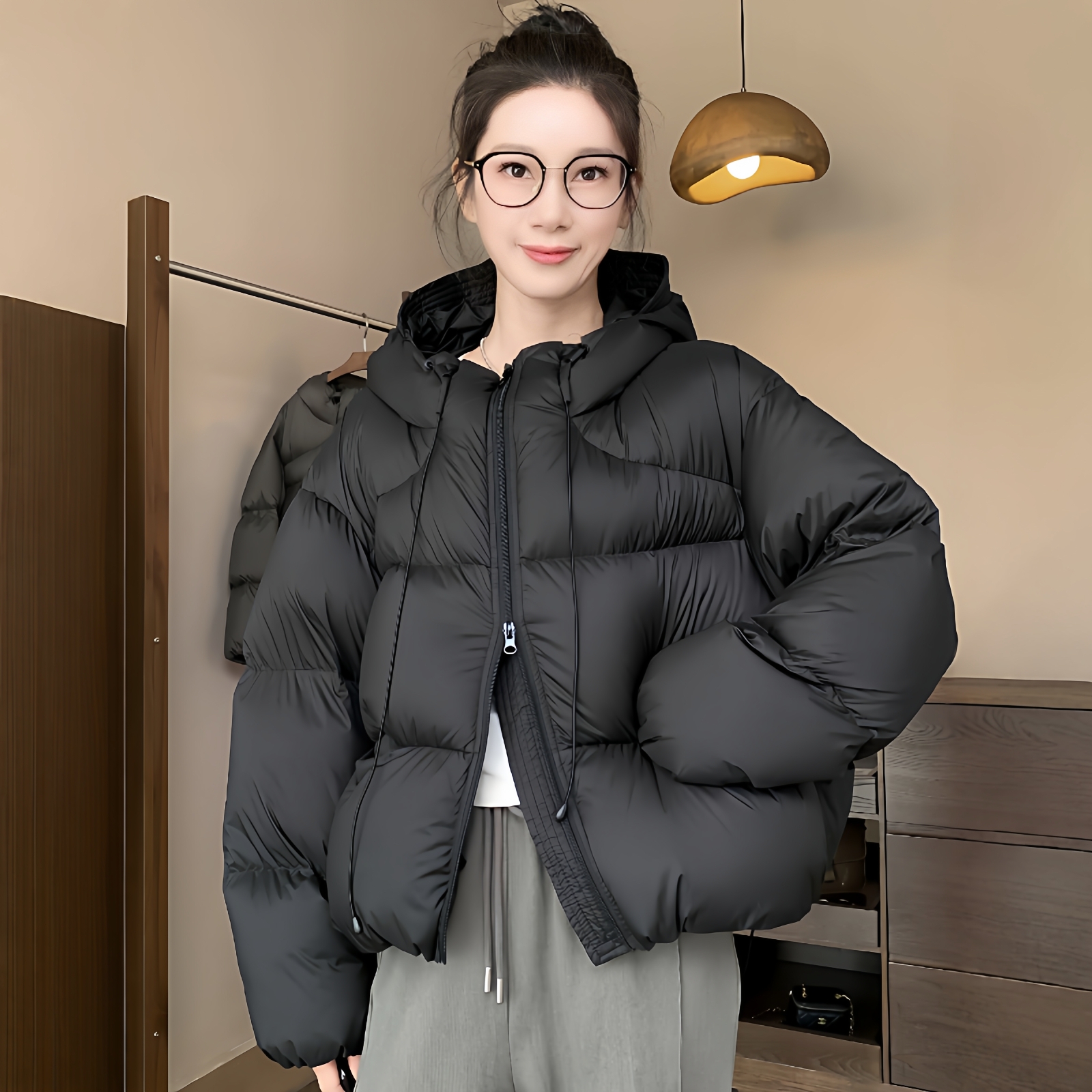 泡芙蓬松连帽羽绒服女2025冬季