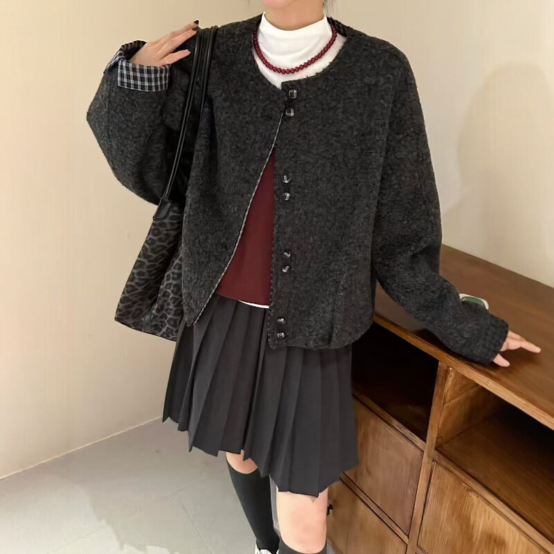欧洲站设计感格子拼接圆领羊羔毛外套女2025秋冬新款时尚百搭上衣
