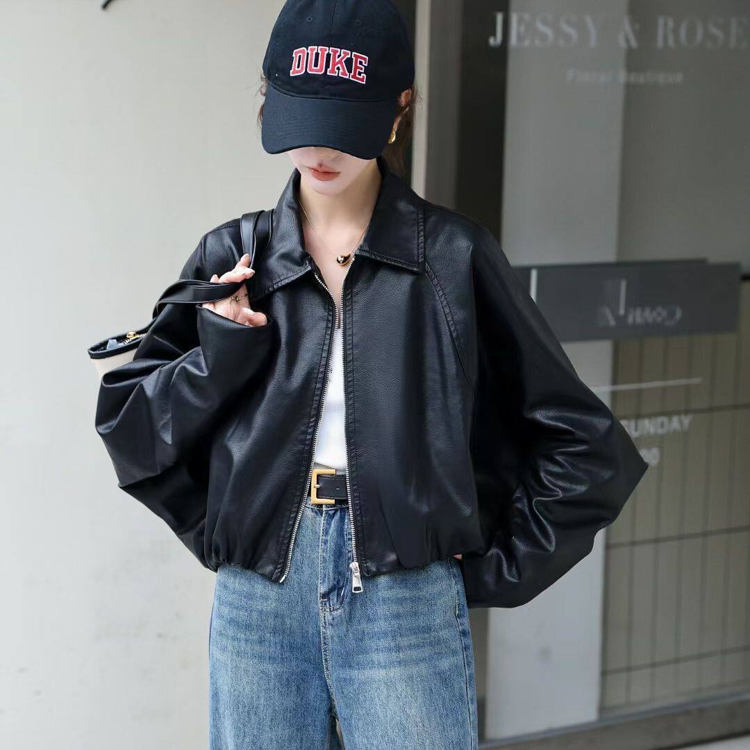 黑色pu软皮衣女2026年春季短款宽松拉链长袖显瘦百搭酷飒外套上衣