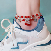 夏季 新款 女红绳天然红玛瑙脚链复古平安锁流苏铃铛本命年脚链配饰