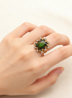 小众设计款几何锆石戒指 中古vintage黄铜做旧指环高级感配饰女