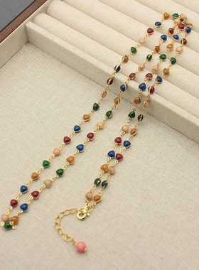 冬季新款中古彩色水晶串珠流苏复古多层项链高级锁骨链毛衣链