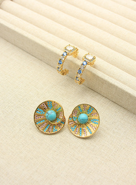 小众设计丹麦CH锆石耳圈卷叶仿绿松耳钉重工珠宝款耳饰女