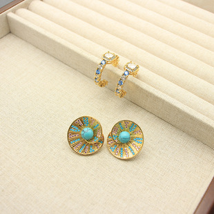 小众设计丹麦CH锆石耳圈卷叶仿绿松耳钉重工珠宝款耳饰女