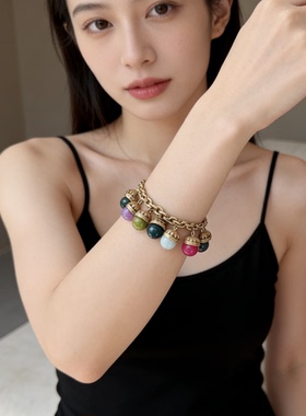 春季新款复古彩色天然石松果手链多巴胺水晶糖果珠珠项链配饰品