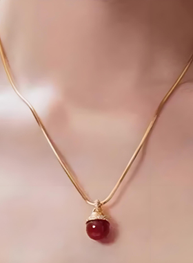 春季新款金色毛衣链吊坠耳环套装董洁同款红玛瑙抽拉可调节蛇骨链