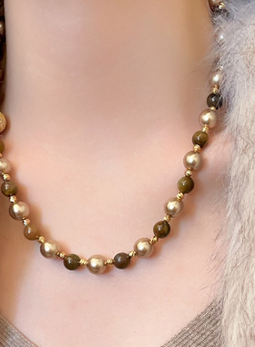新款虎眼石摩卡金棕珍珠混彩项链小众高级轻奢锁毛衣链女配饰品