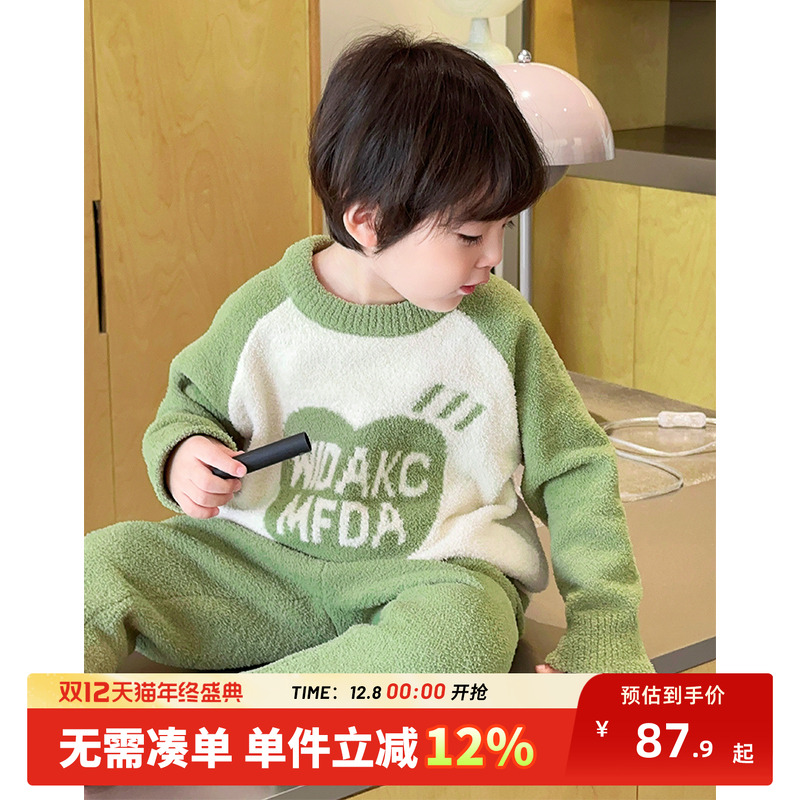 冬款加绒家居服男童睡衣套装加厚