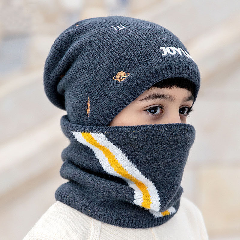 남자 겨울 모자 플러스 벨벳 스카프 모자 세트 큰 어린이 귀 보호 방한 두꺼운 양모 풀오버 니트 모자