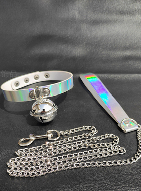 choker镭射牵引绳爱心铃铛皮项圈