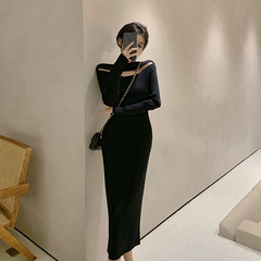 Real shot real price ~ autumn / winter 2020 show thin knitting off shoulder hollow out slim one shoulder dress