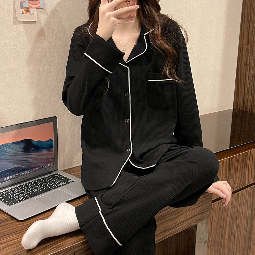 여성용 커플 잠옷 봄 가을 순면 긴팔 바지 인터넷 연예인 스타일 큰 사이즈 남성용 홈웨어 검은색 얇은 양복