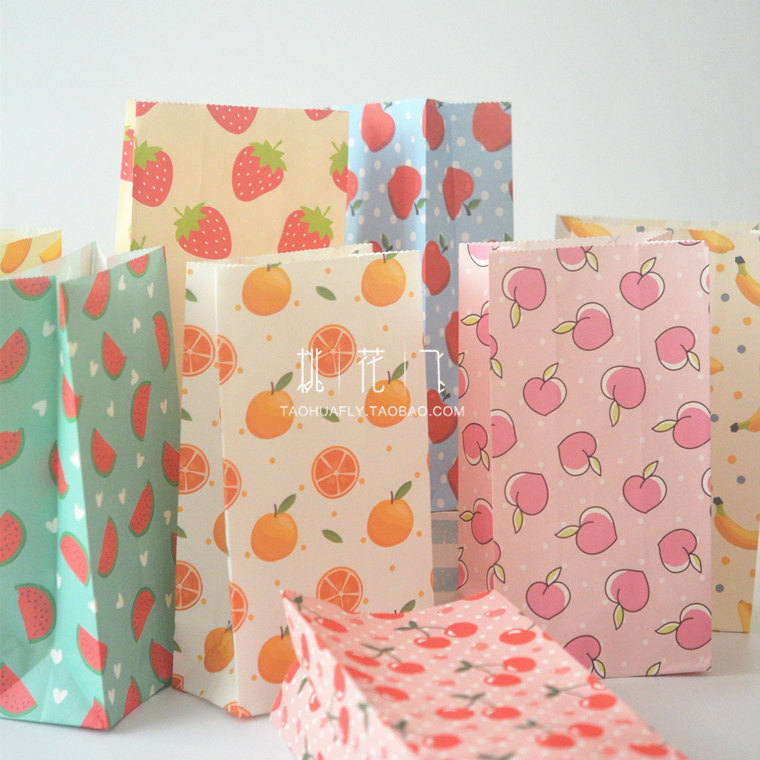 5个一份/水果款平口纸袋/炫彩瓜果图案礼品包装袋立体时尚折口袋