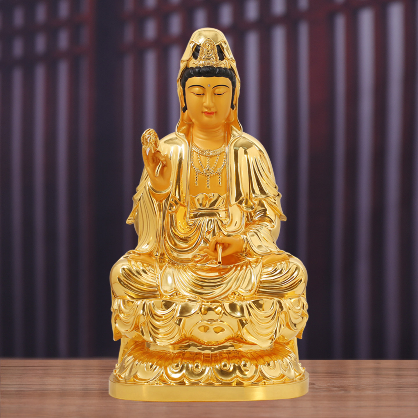 台湾铜贴金观音家用供奉观世音菩萨纯铜坐莲娑婆三圣像客厅摆件