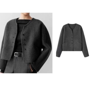 V领圆领单排扣宽松短款 NO退换 双面呢外套上衣女 清仓特价
