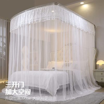 款双人支架不锈钢加厚落地u型钓鱼竿宫廷伸缩加密家用蚊帐三开门