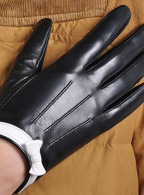 WARMEN冬季真皮手套女士可爱时尚优雅羊皮手套薄款黑色短款L154NN