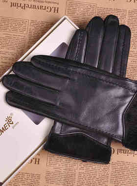 warmen真皮手套男士冬季加绒保暖开车羊皮马毛手套薄绒里M031NC