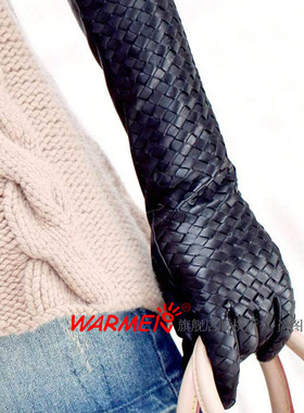 WARMEN皮手套女士冬季保暖长款高端编织真皮手套L108NN