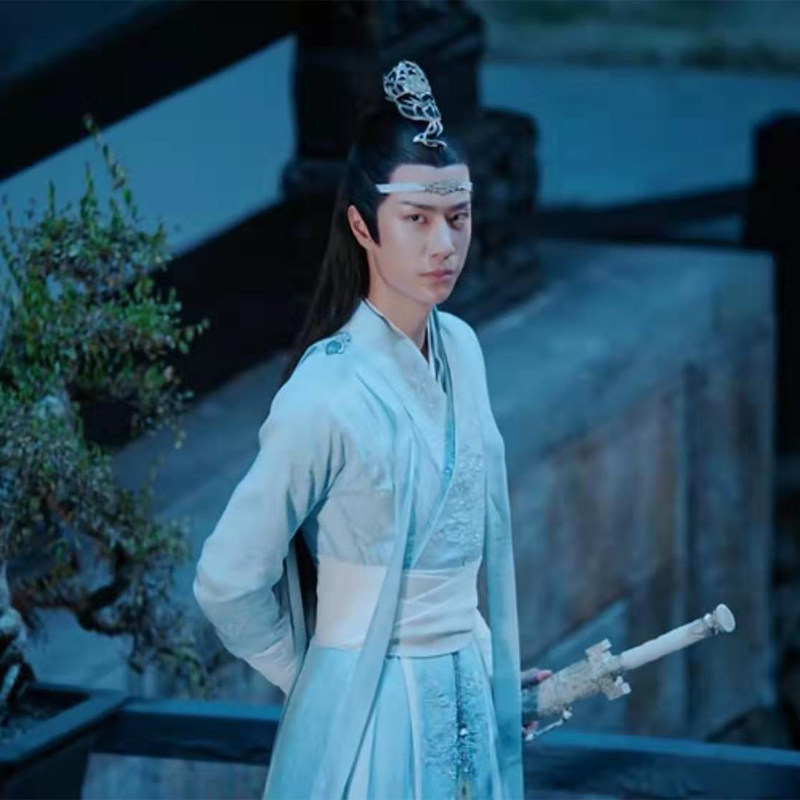 蓝忘机同款汉服蓝忘机蓝色刺绣服装云纹抹额假发全套