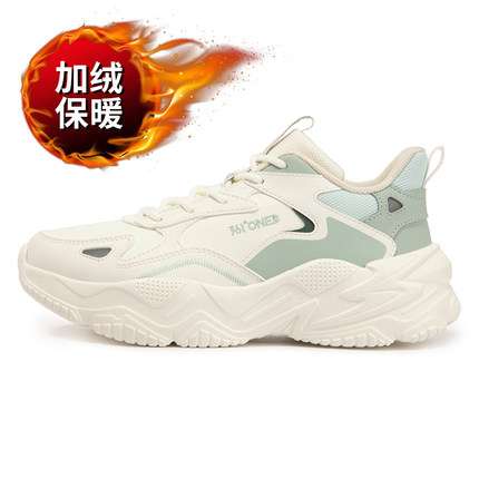 云舒361加绒女鞋运动鞋2024冬季保暖棉鞋皮面老爹鞋休闲跑步鞋子