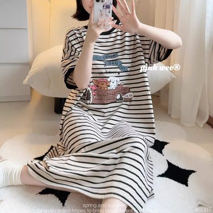 卡通狗狗条纹宽松短袖春夏季纯棉薄款睡裙女圆领睡衣可外穿家居服
