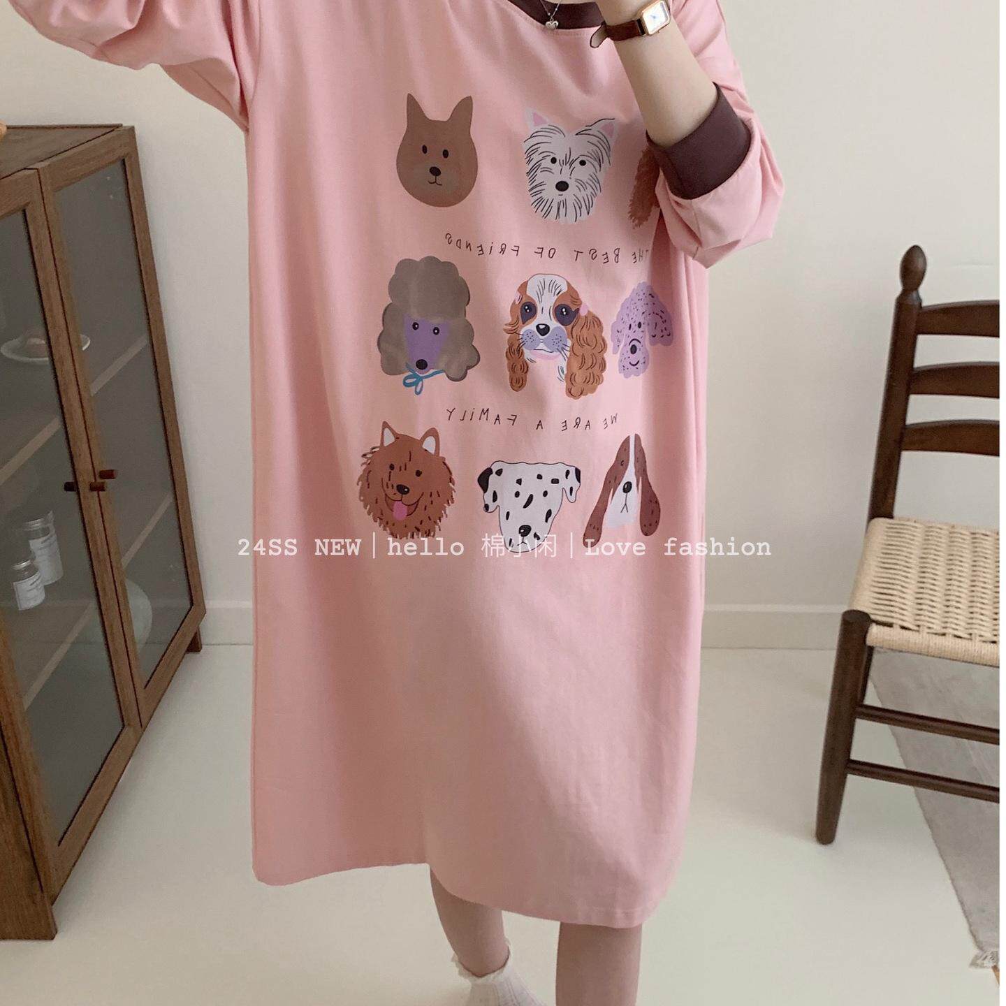 卡通狗狗纯棉宽松大码韩版女士纯棉薄款睡衣休闲睡裙可外穿棉小闲