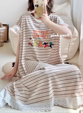 卡通条纹花边日系宽松纯棉女睡裙