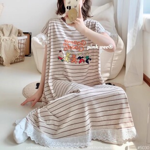 卡通条纹花边日系宽松纯棉女士睡裙短袖 女PINKWEO 睡衣家居服大码