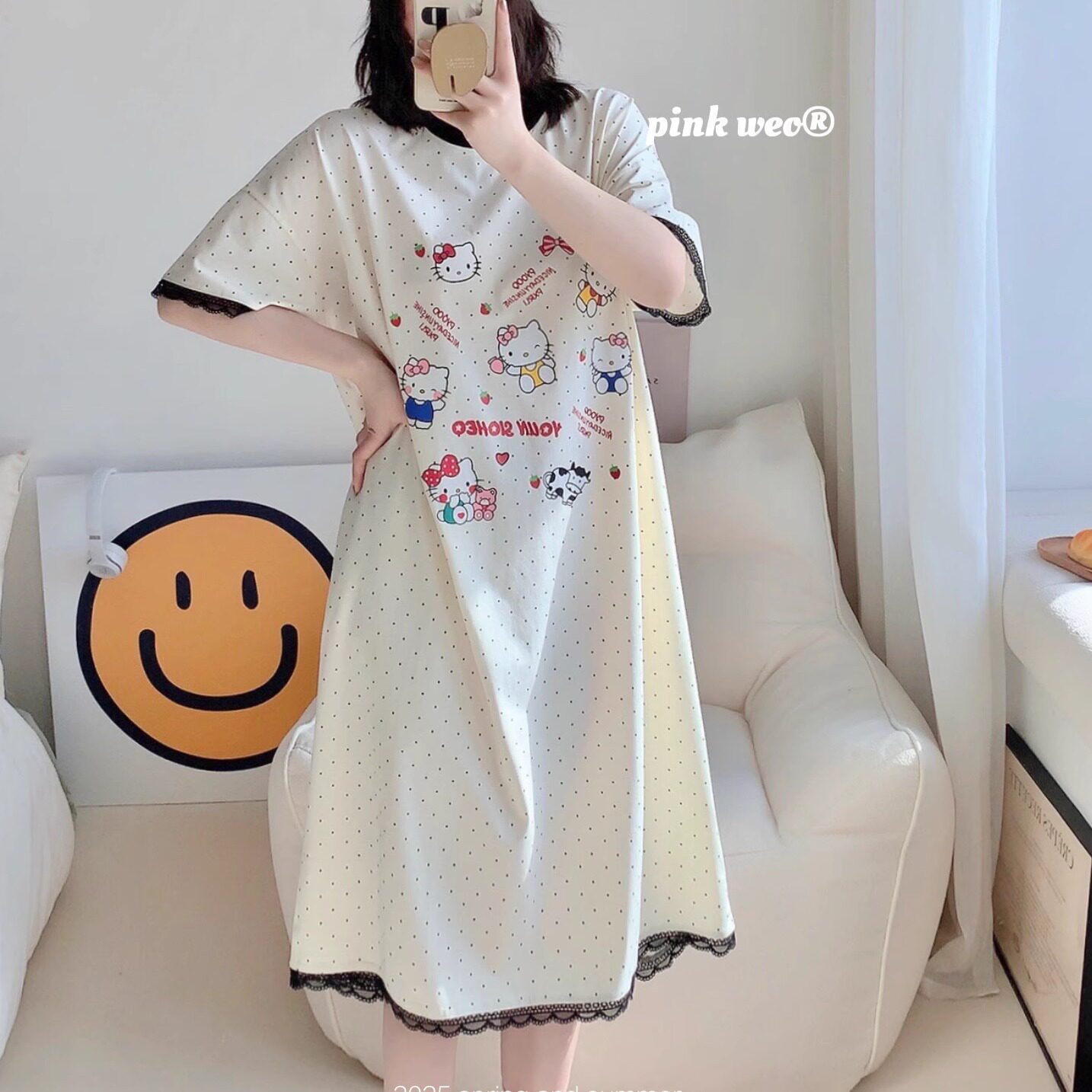 kitty猫可爱卡通带胸垫蕾丝花边女夏季短袖宽松大码纯棉薄款睡裙