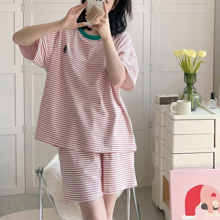 简约条纹纯棉薄款短袖短裤夏季女士睡衣圆领套装可外穿ins家居服