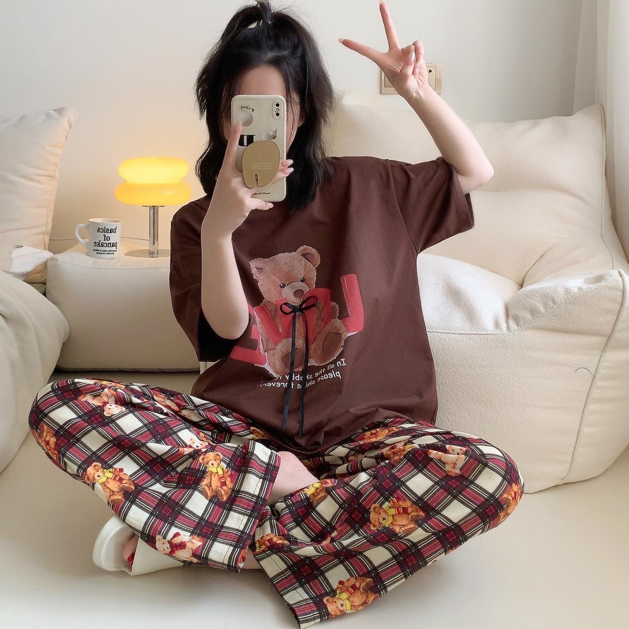 格子小熊卡通日式宽松纯棉薄款女