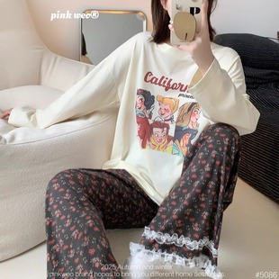 套装 家居服PINKWEO 长裤 白雪公主碎花蕾丝日系宽松纯棉女睡衣长袖
