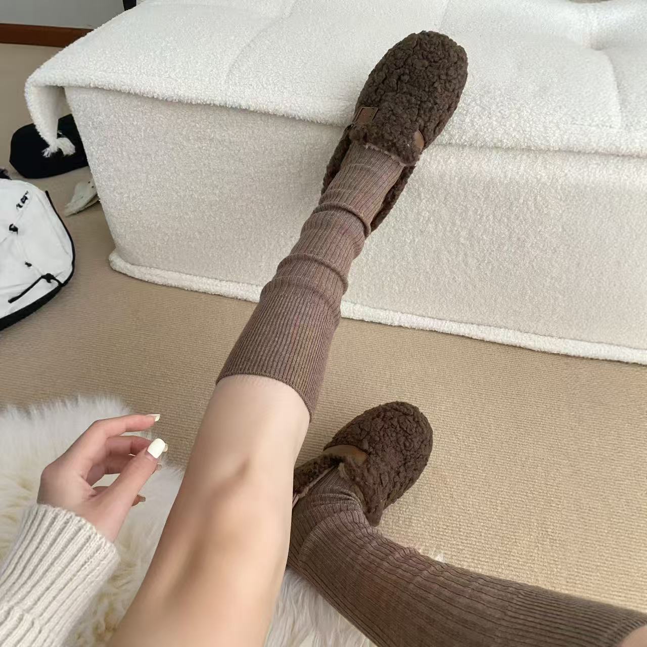 羊绒小腿袜女秋冬美拉德搭配勃肯鞋加厚保暖竖条堆堆袜长筒及膝袜