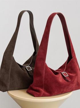 红色磨砂牛皮腋下包hobo包包女小众中古单肩包大容量麂皮绒托特包