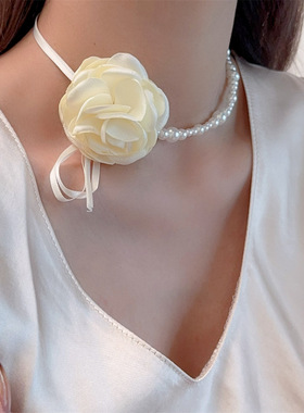 山茶花朵珍珠颈链choker项圈女颈带项链锁骨链绑带脖子系花配饰