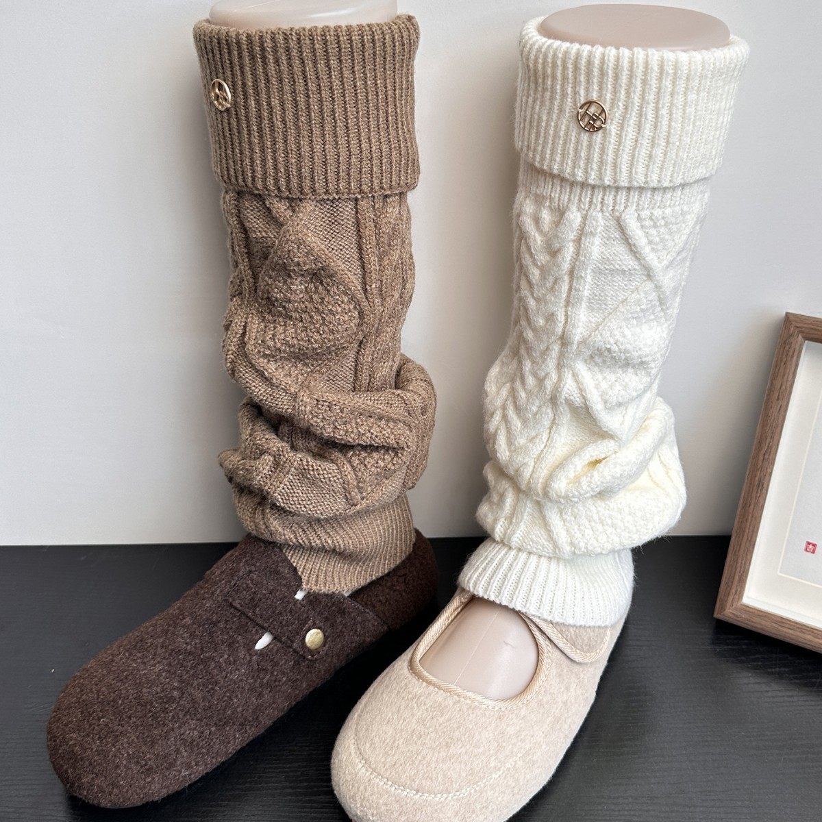 韩系美拉德咖色针织加厚袜套女白色复古麻花纹软糯绵羊毛腿套保暖