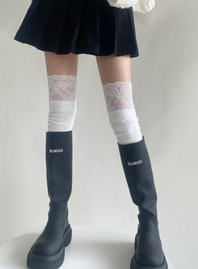 长筒过膝袜女秋冬日系靴袜甜美少女洛丽塔拼接竖条蕾丝花边高筒袜