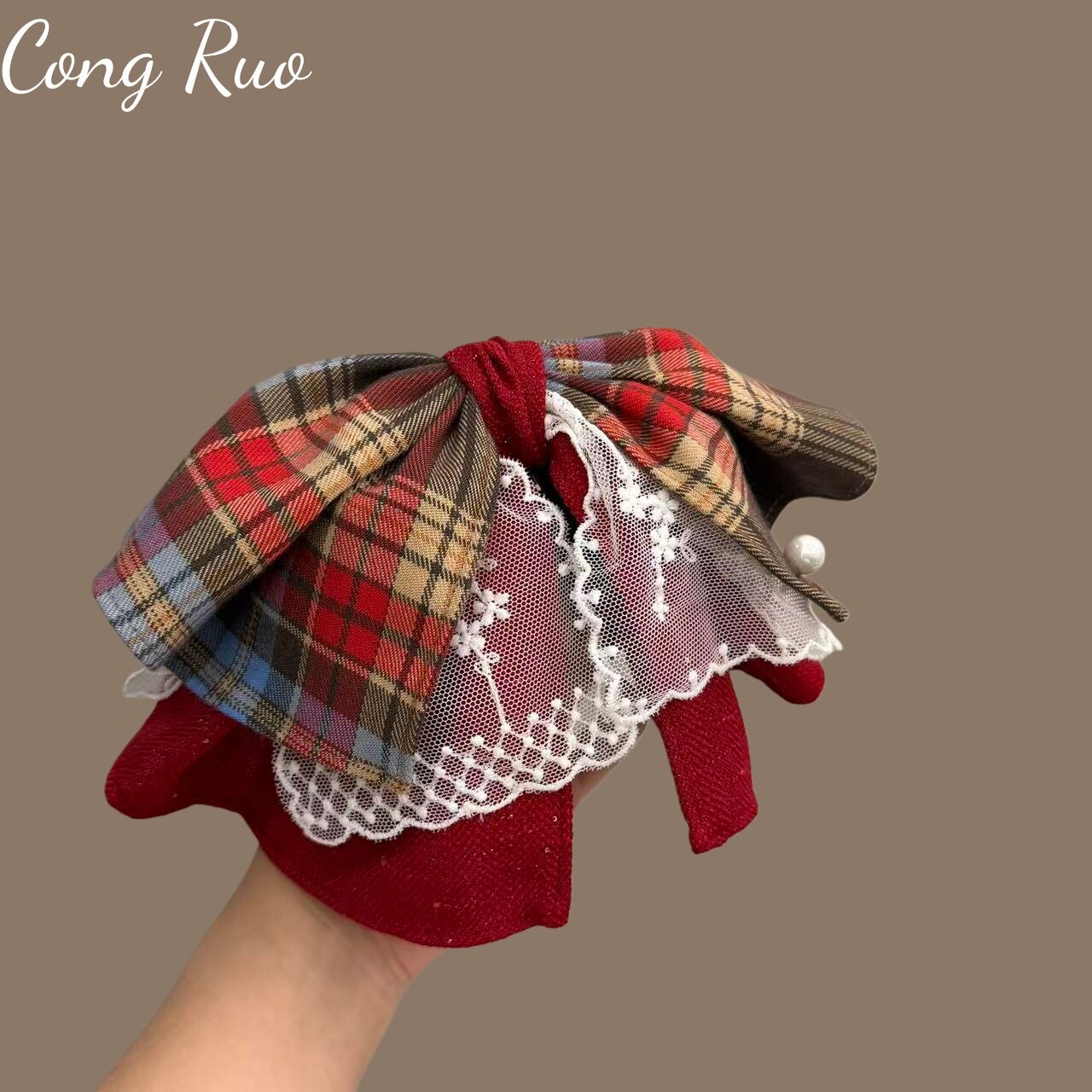 韩系复古红色系马尾发夹时尚花边重工蕾丝抓夹后脑勺半扎发鲨鱼夹