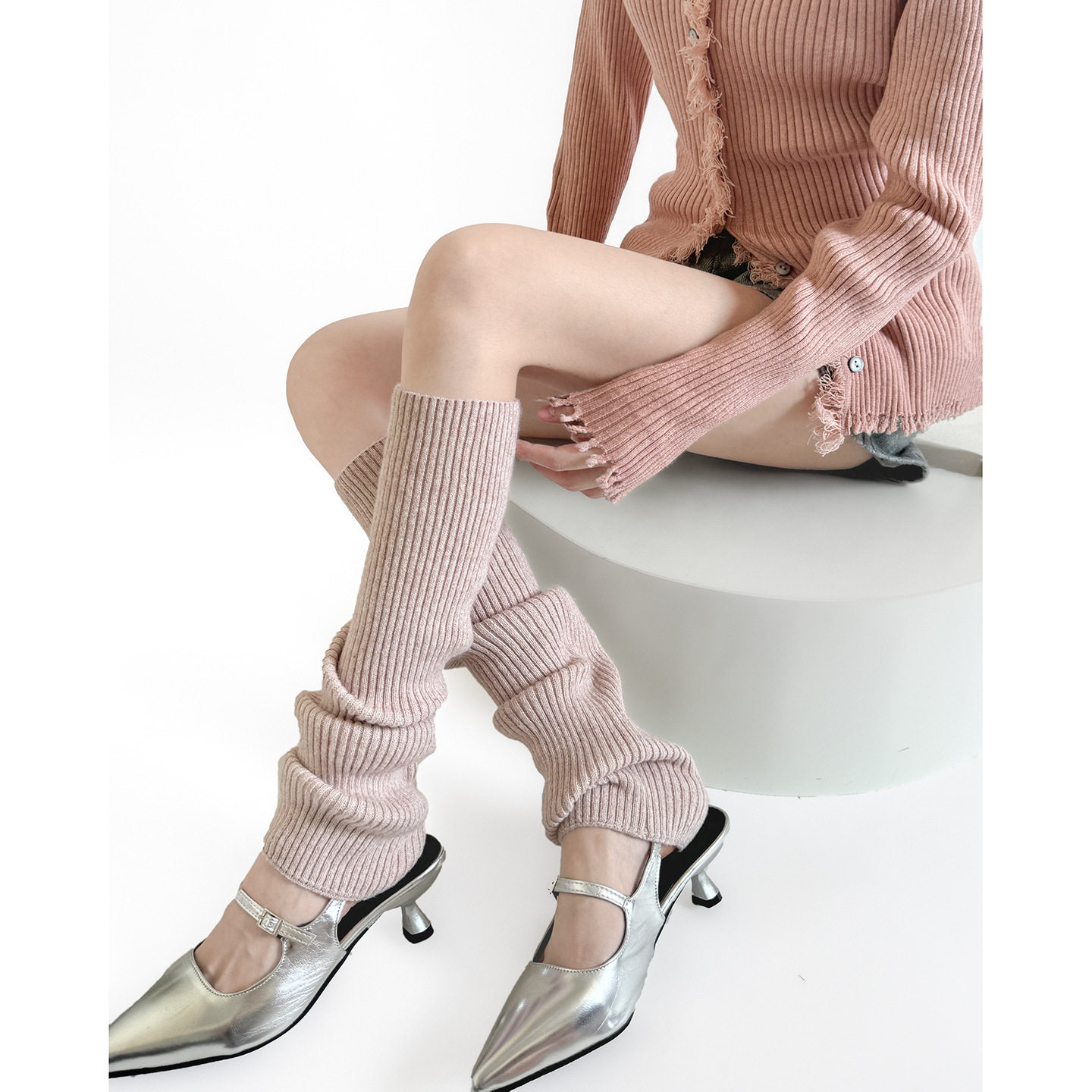 甜酷少女竖纹显瘦护腿腿套秋冬针织保暖堆堆袜套女防滑无骨小腿袜