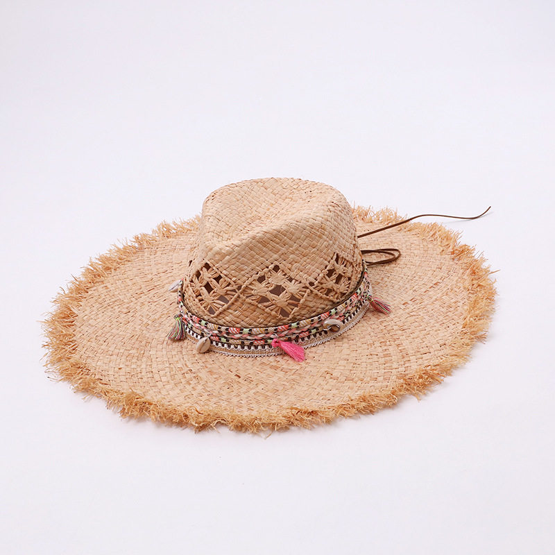跨境西部拉菲草硬顶羽毛装饰牛仔帽男女夏天沙滩帽遮阳大檐帽手工