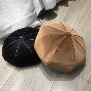 韩版时髦质感丝绒贝雷帽女士秋冬个性镶皮八角帽文艺时尚画家帽子