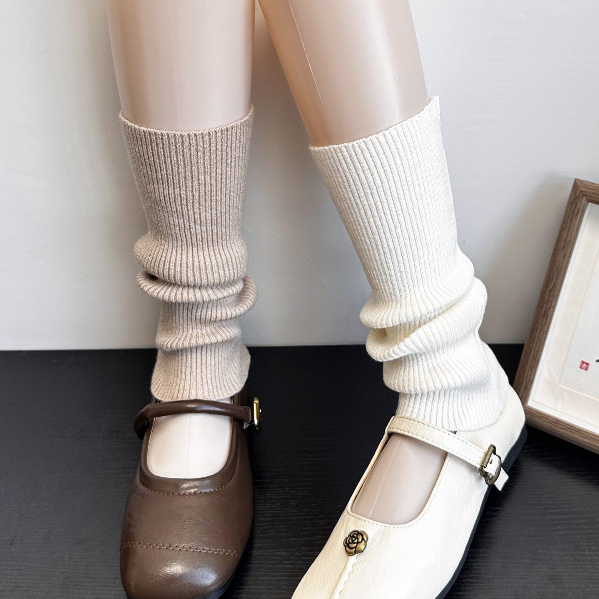 慵懒风奶茶棕色堆堆袜套女春秋季薄款日系米白色羊绒质感针织腿套