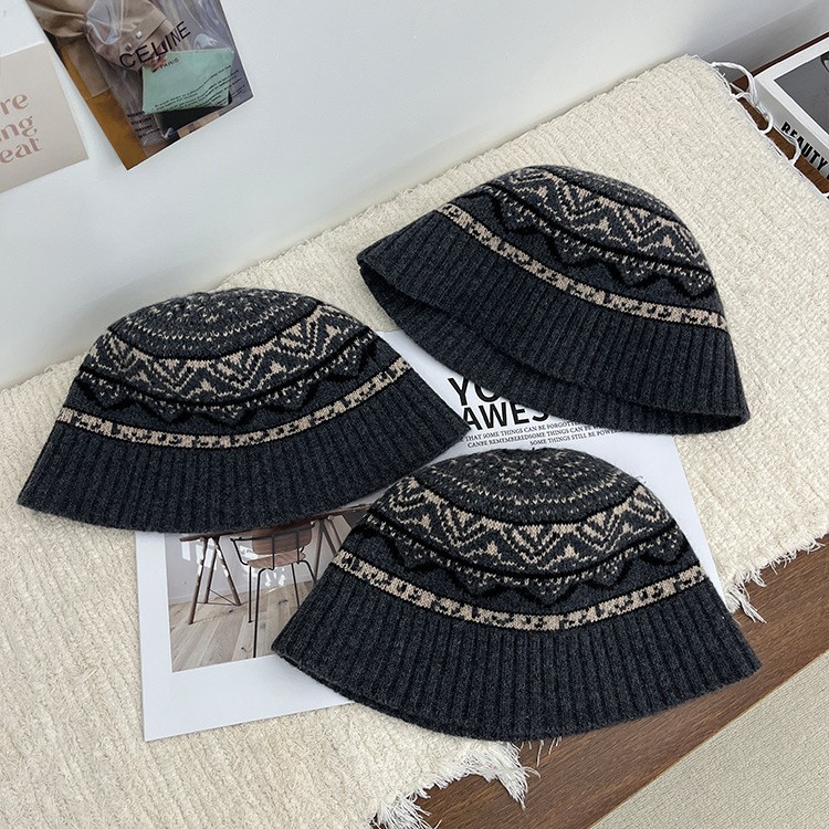 费尔岛复古羊毛提花灰色渔夫帽针织保暖显脸小帽子洋气百搭水桶帽