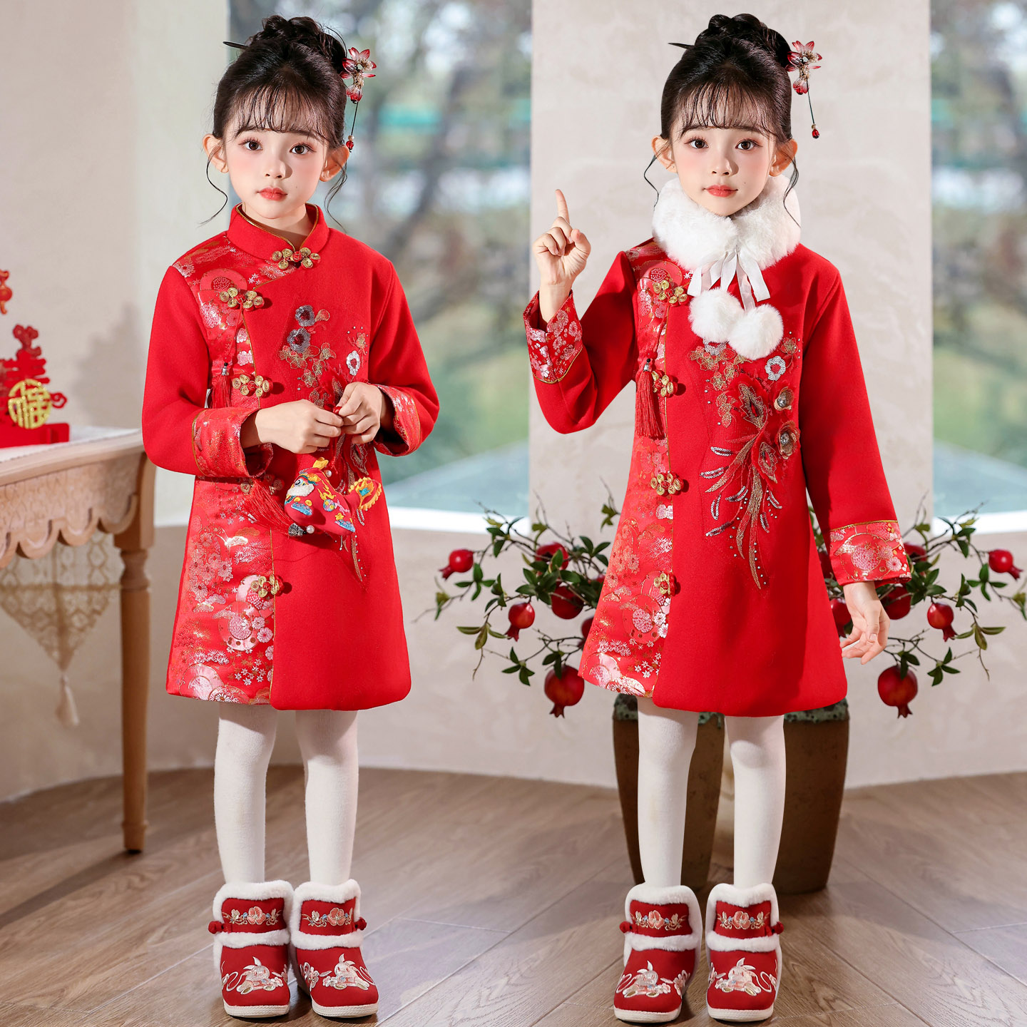 儿童拜年服汉服女童元旦秋冬新款中国风宝宝新年唐装喜庆旗袍服装