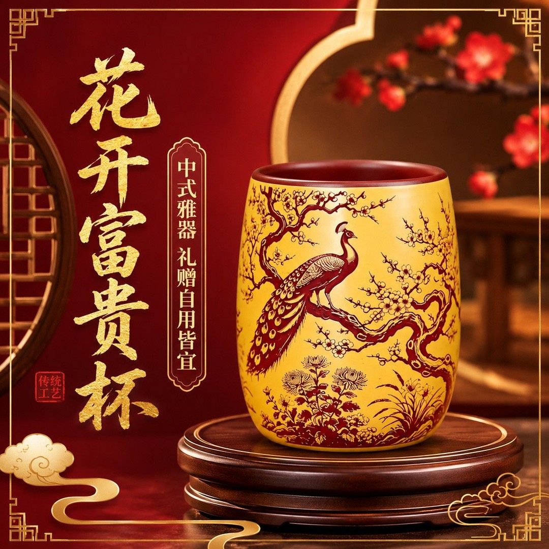 原矿紫砂手工刻绘花开富贵品茗杯