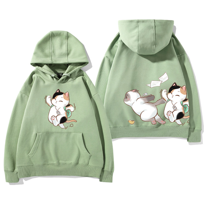 上班族社畜打工人猫咪日系情侣装趣味长袖连帽卫衣男女动物图案潮