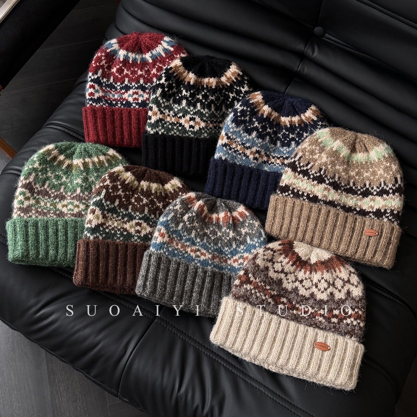 复古费尔岛针织毛线帽女秋冬季保暖百搭护耳帽子宽松显脸小包头帽