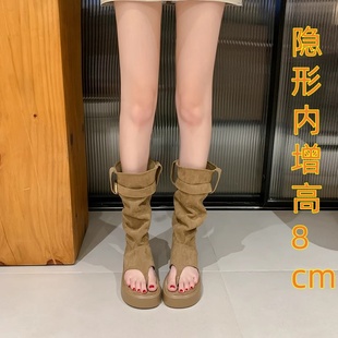 内增高8cm小个子靴子厚底堆堆靴女短靴潮夏季人字夹脚凉靴长筒靴